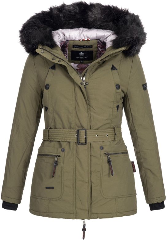 Dame vinterjakke med bælte og pels - Oliven Grøn