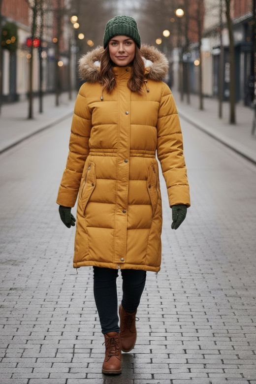 Dame vinterjakke med pels model Ashley i Gul