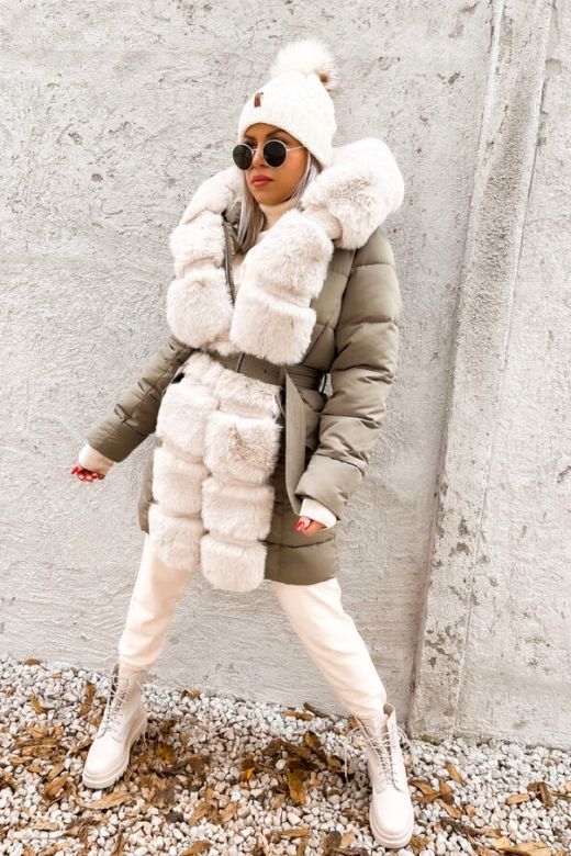 Damejakke med stor pels Lux Milano i light Khaki