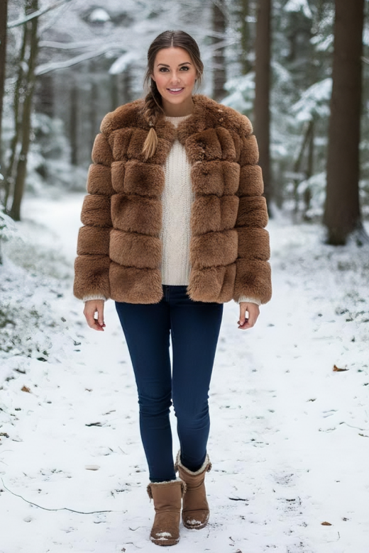 Pels jakke i fake fur med hætte i Camel