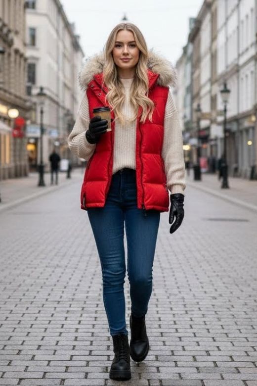 Dame dyne vest med pels model Snefnug i Rød