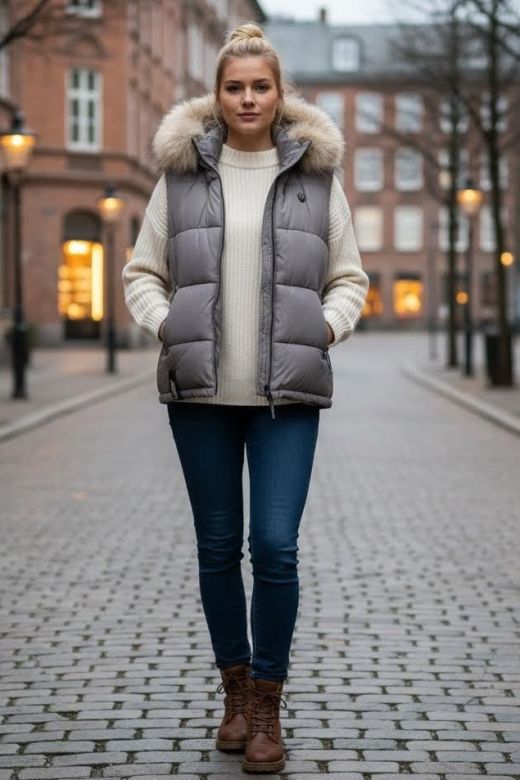 Dame dyne vest med pels model Snefnug i Grå