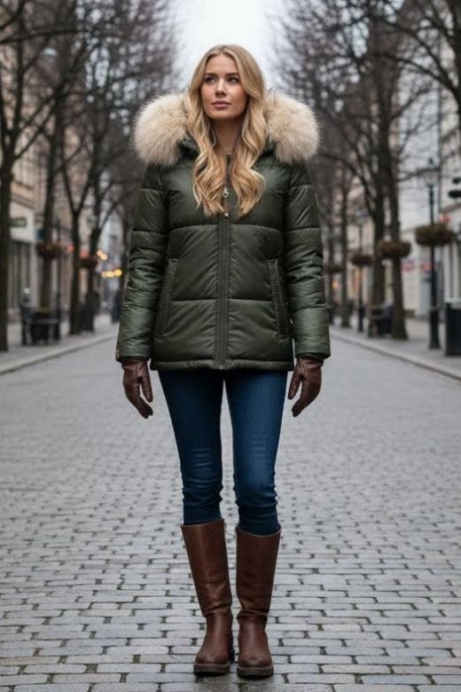 Dame Vinterjakke med stor pels model Tikunas i Olive Grøn