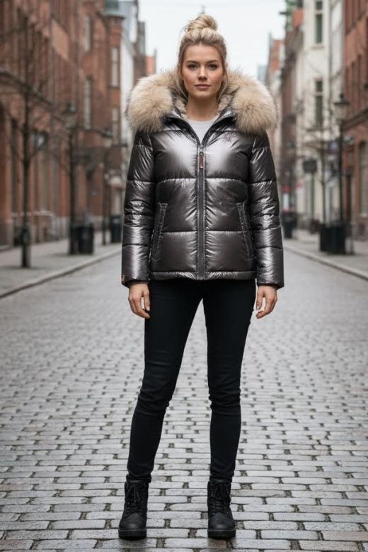 Dame Vinterjakke med stor pels model Tikunas i Anthracite