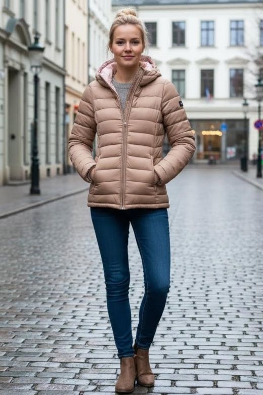 Dame dynejakke med hætte Lucy - Taupe