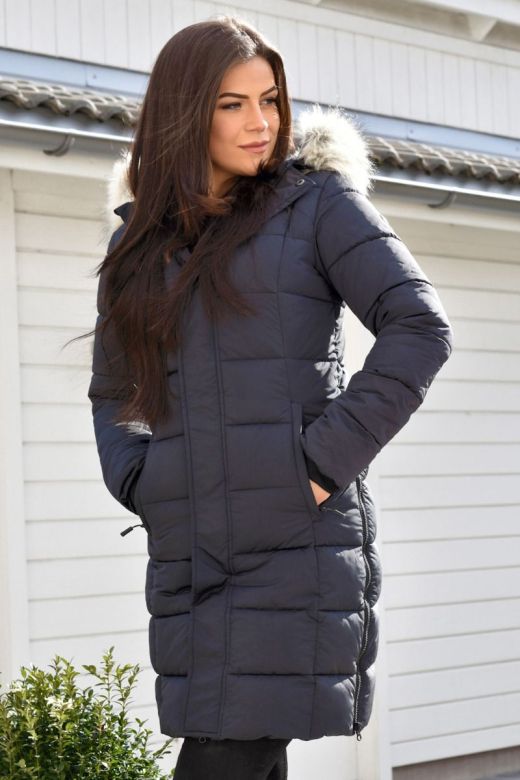 Dame Vinterjakke med aftagelig fake fur Pels model Paris i Blå