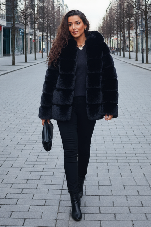 Pels jakke i fake fur med hætte i sort