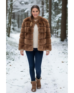 Pels jakke i fake fur med hætte i Camel