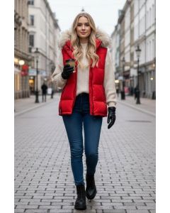 Dame dyne vest med pels model Snefnug i Rød