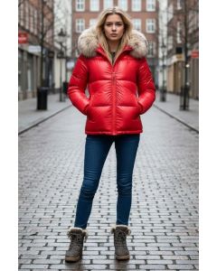 Dame Vinterjakke med stor pels model Tikunas i Rød