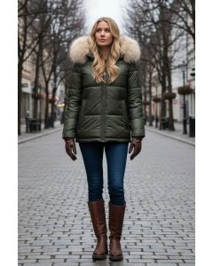 Dame Vinterjakke med stor pels model Tikunas i Olive Grøn
