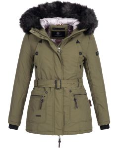 Dame vinterjakke med bælte og pels - Oliven Grøn
