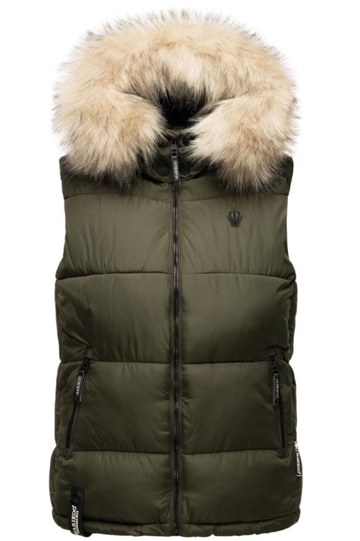 Dame dyne vest med pels model Snefnug i Oliven Grøn