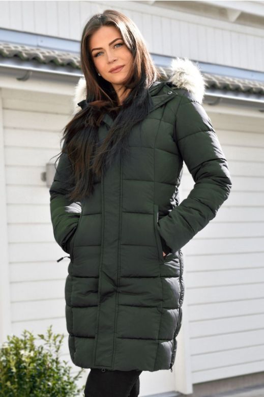Dame Vinterjakke med aftagelig fake fur Pels model Paris i Grøn
